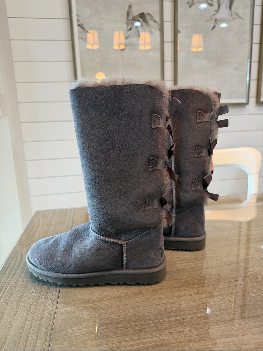 UGG Bailey Bow Tall Shearling Boots in Grey with Back Bows
